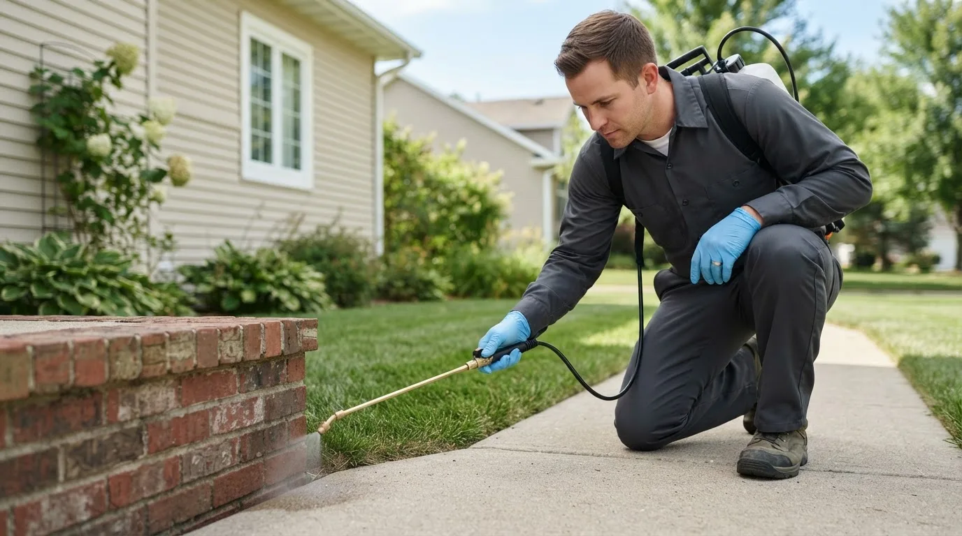 Pest control technician treating a home near Oxford, OH